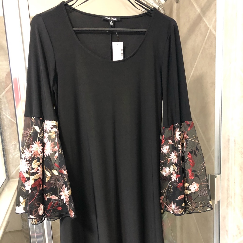 DressBarn Black Dress w/embroidery bell sleeves